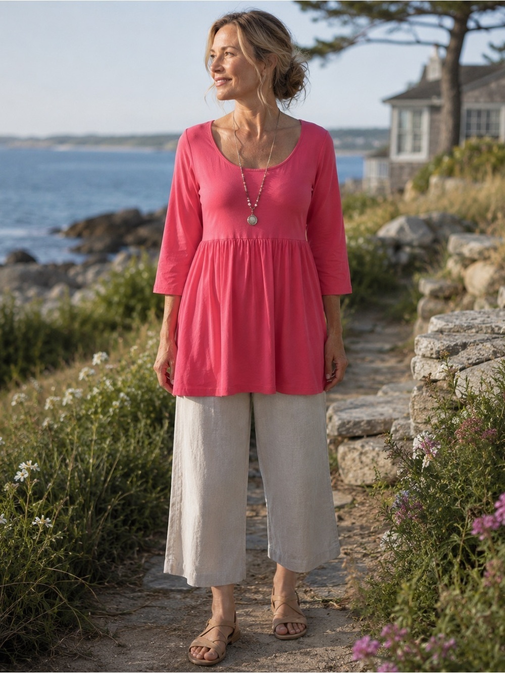 Garnet Hill Womens Scoop Neck Knit Tunic Top XS Pink Cotton Minimalist Coastal